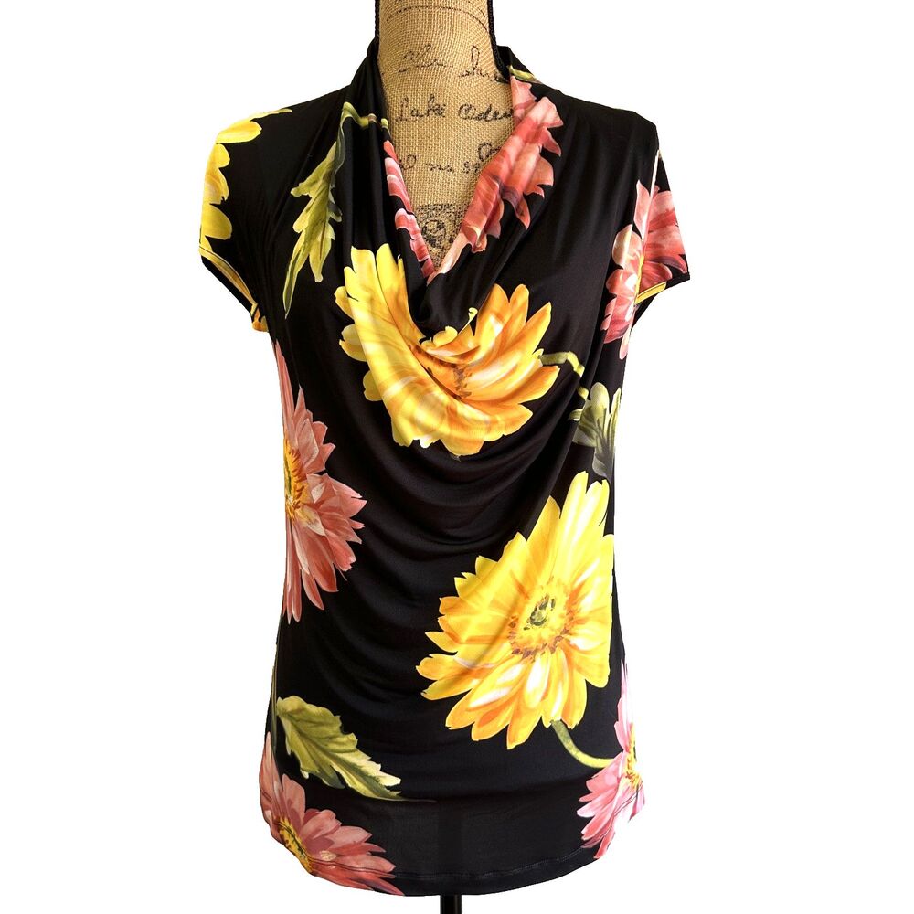 Anna Rachele Black Floral Cowl Neck Stretch Top Blouse Sz 8/44 Italy